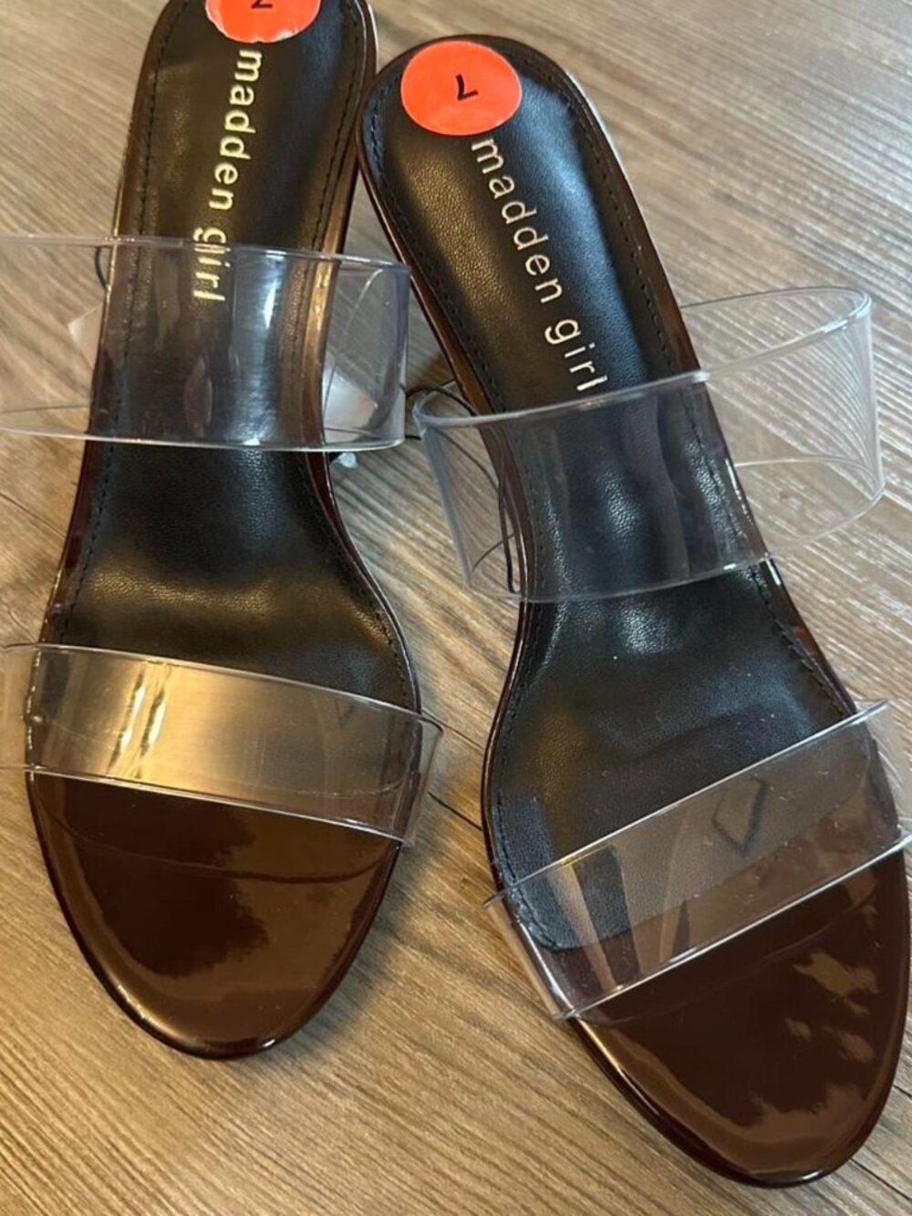NWT Madden Girl Chocolate Brown 3 inch Stiletto heels with clear straps.